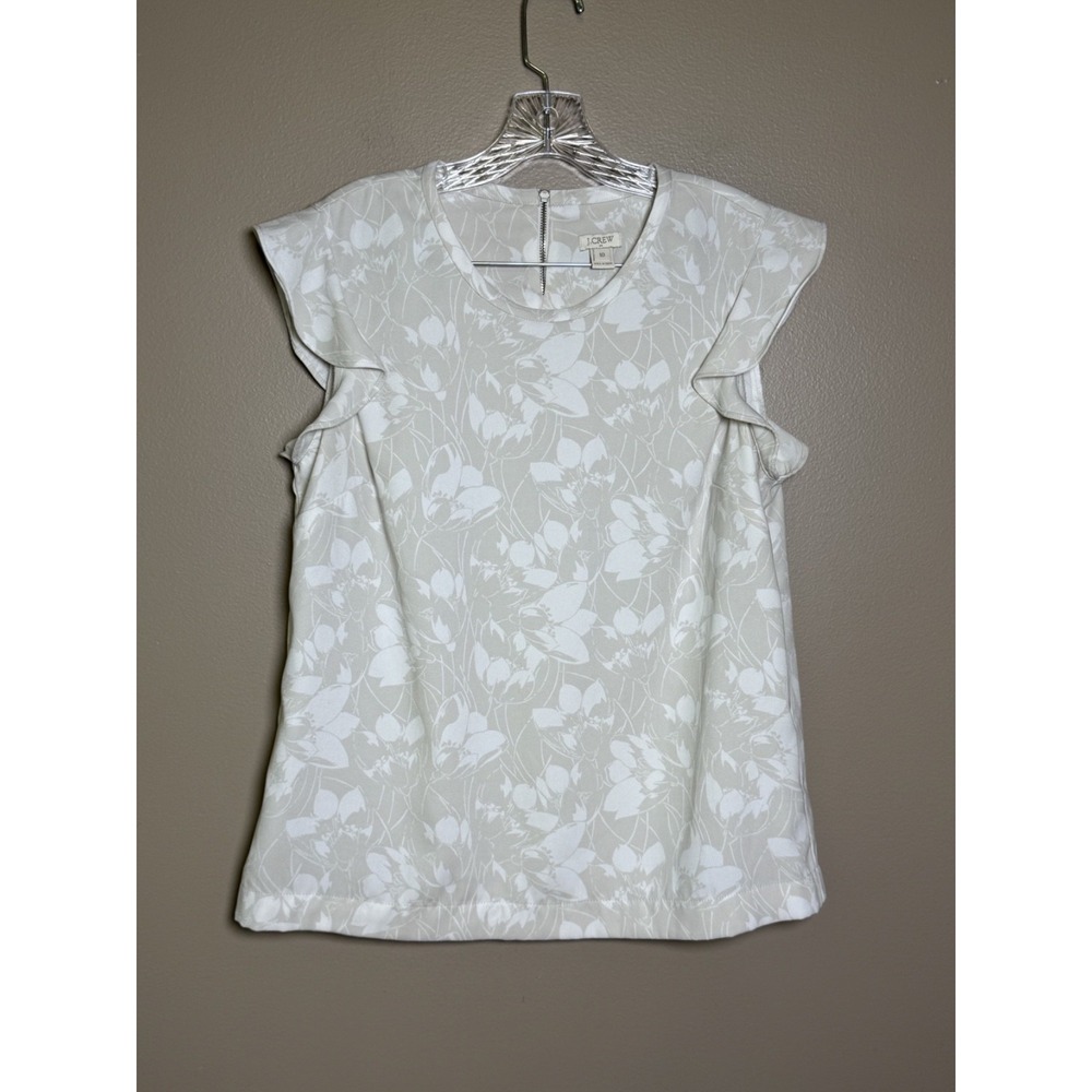 J. Crew Beige White Floral Ruffle Short Sleeve Blouse Size 10 Zip Back